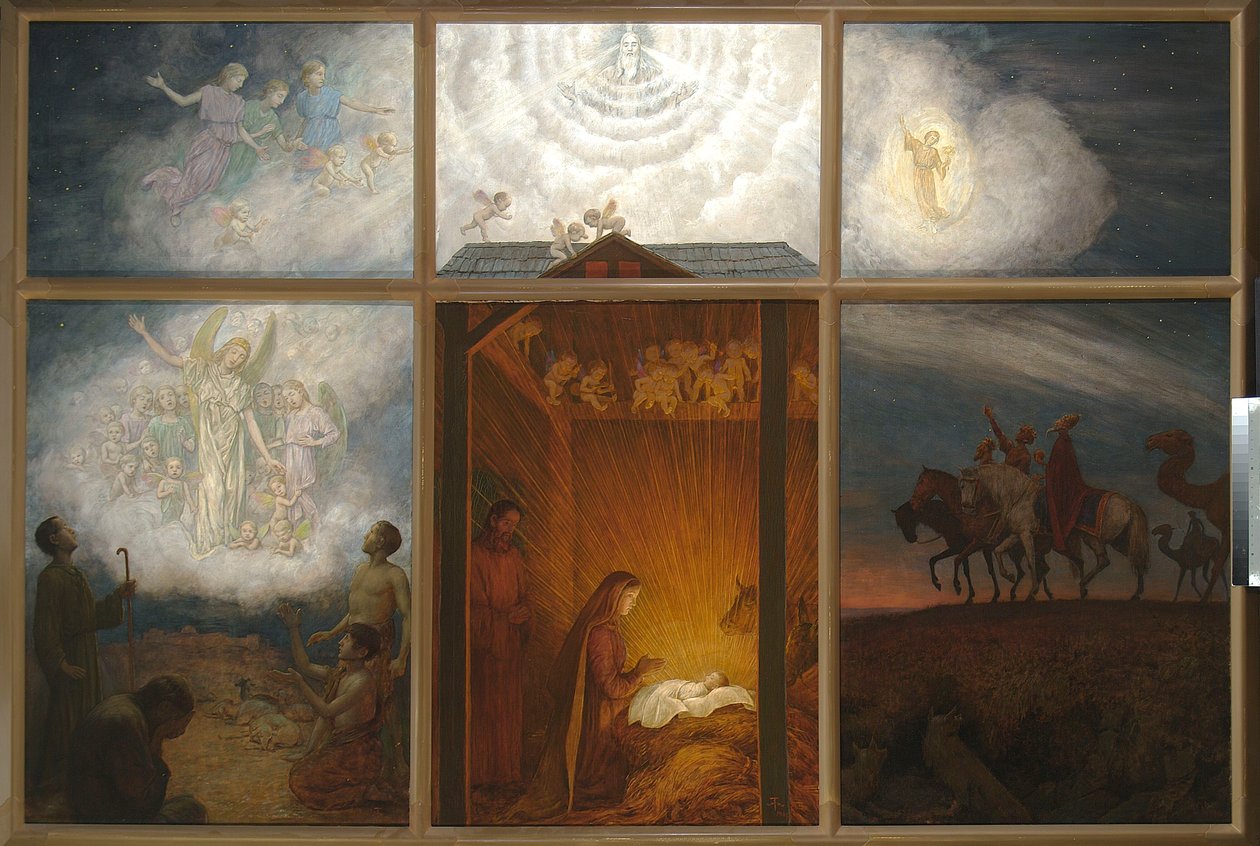 De Maagd Maria die het Kindje aanbidt in de kribbe door Hans Thoma