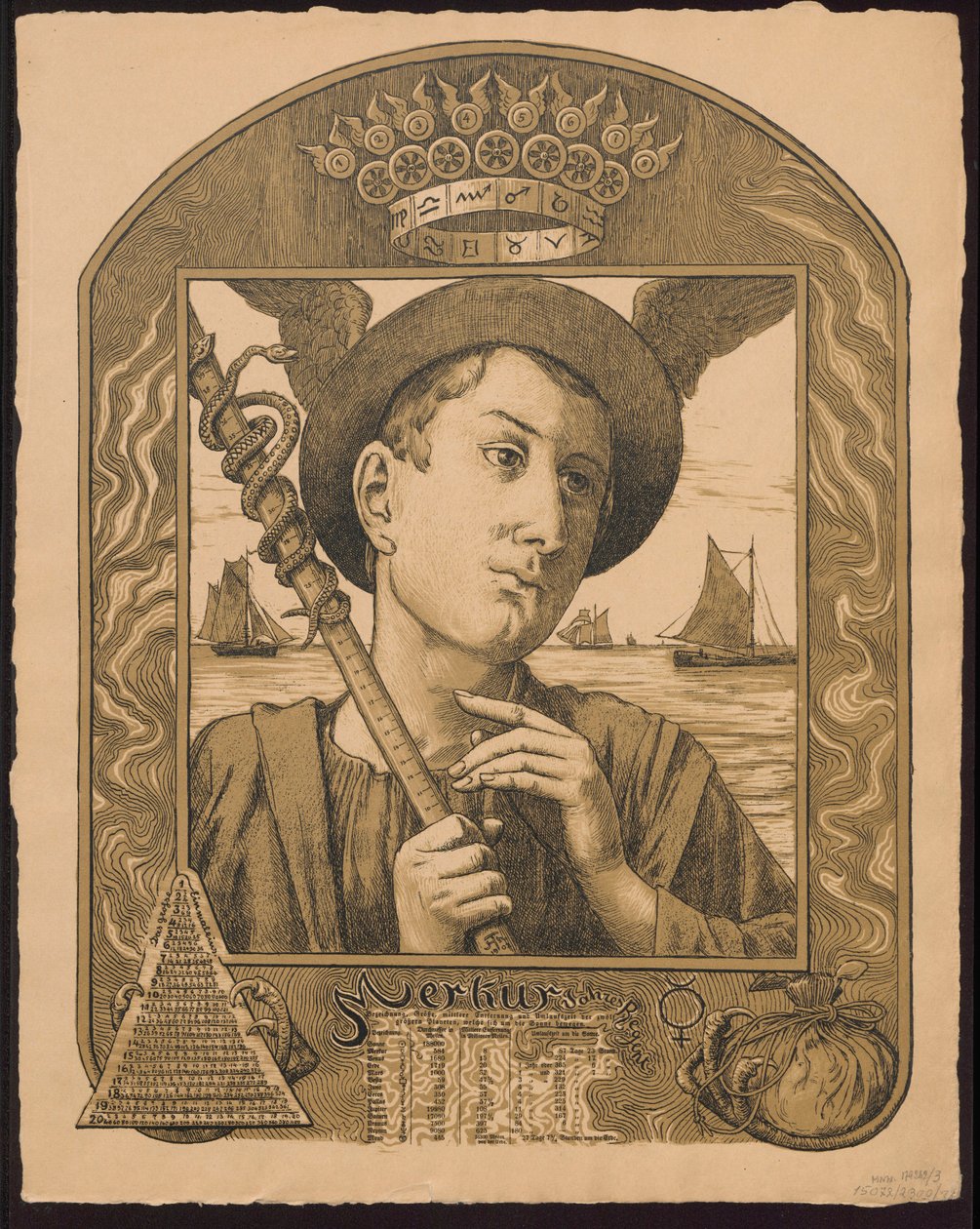 "Merkur Jahrers Regent". Mercurius als heerser van het jaar. Ontwerpen voor de "Eeuwige beeldkalender", deel II, 1901 (Immerwährender Bilderkalender) door Hans Thoma
