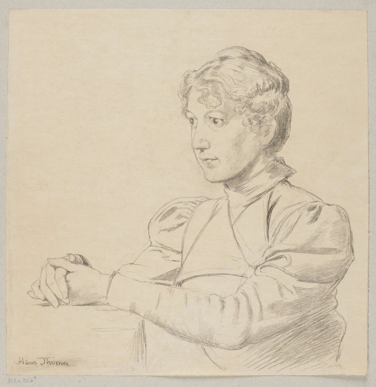 Portret van een jong meisje met haar handen op tafel, afgebeeld tot aan de taille door Hans Thoma