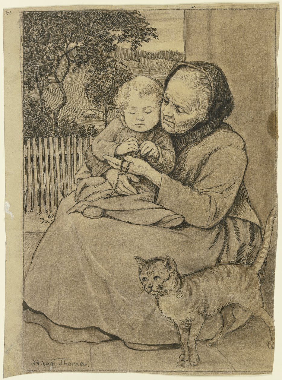 Zittende oude vrouw met kind door Hans Thoma