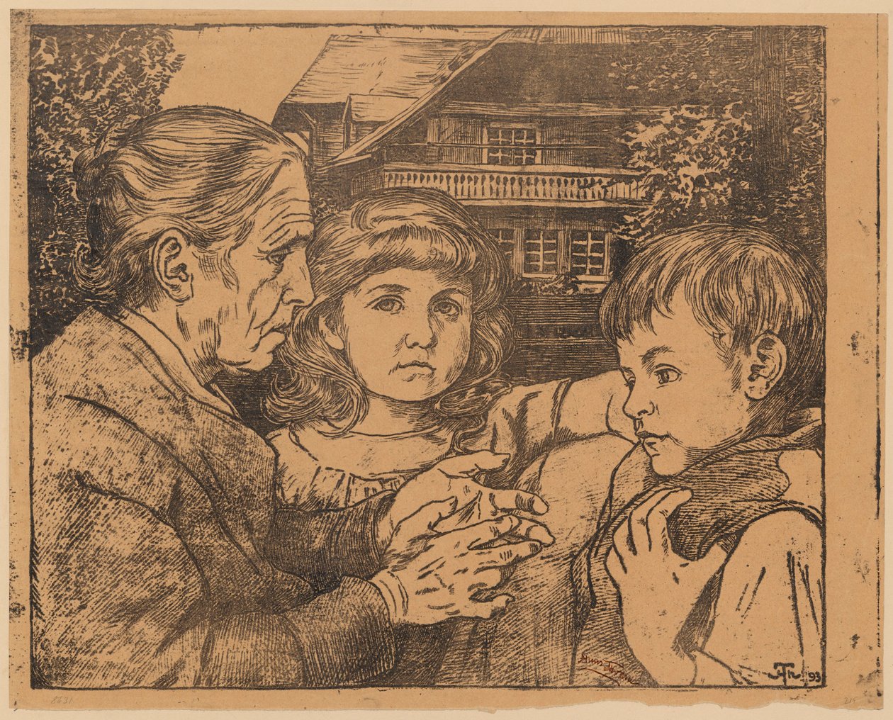 Een oude vrouw die twee kinderen verhaaltjes vertelt, met op de achtergrond een huis in het Zwarte Woud door Hans Thoma