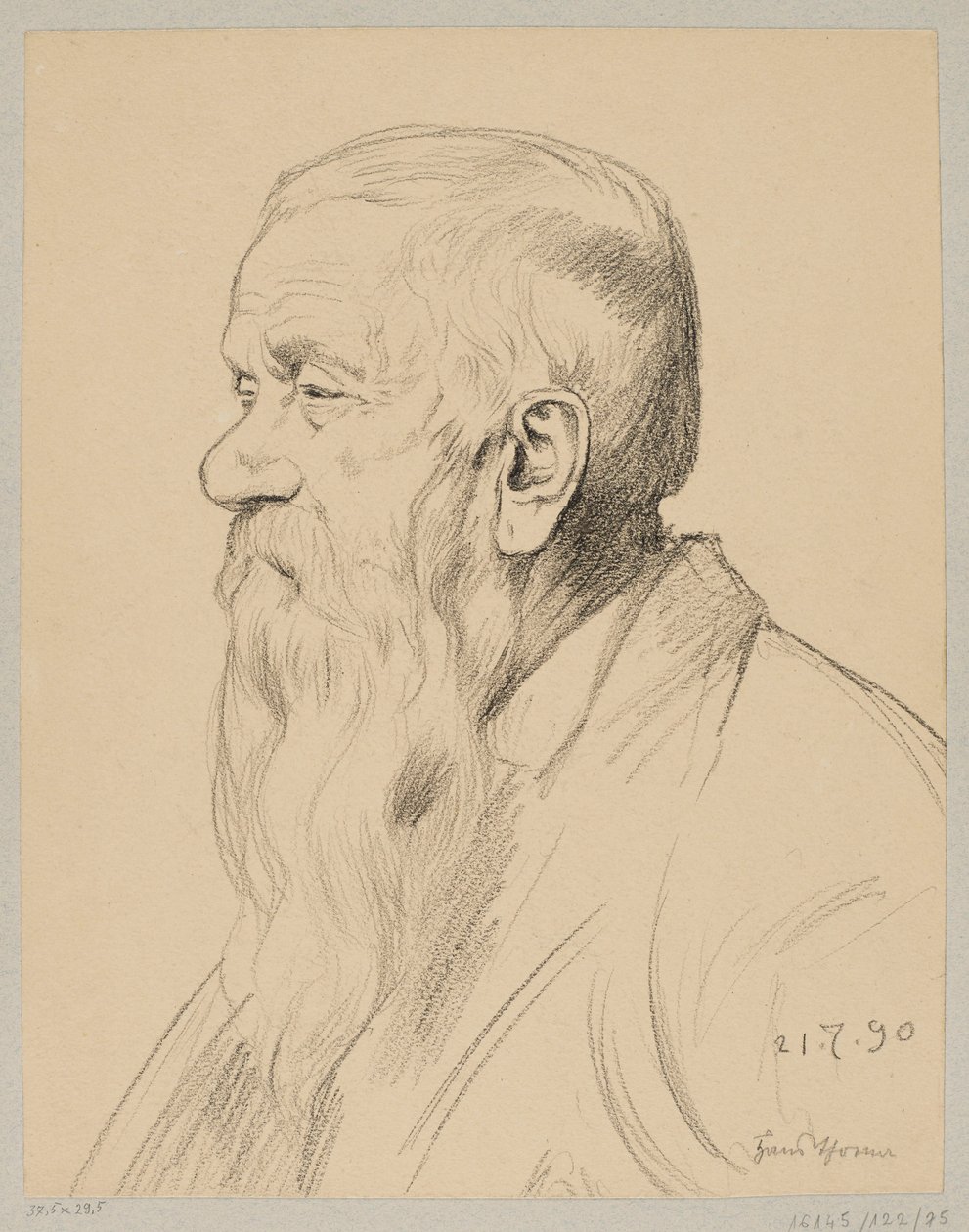 Een oude man met een lange baard, in profiel afgebeeld door Hans Thoma