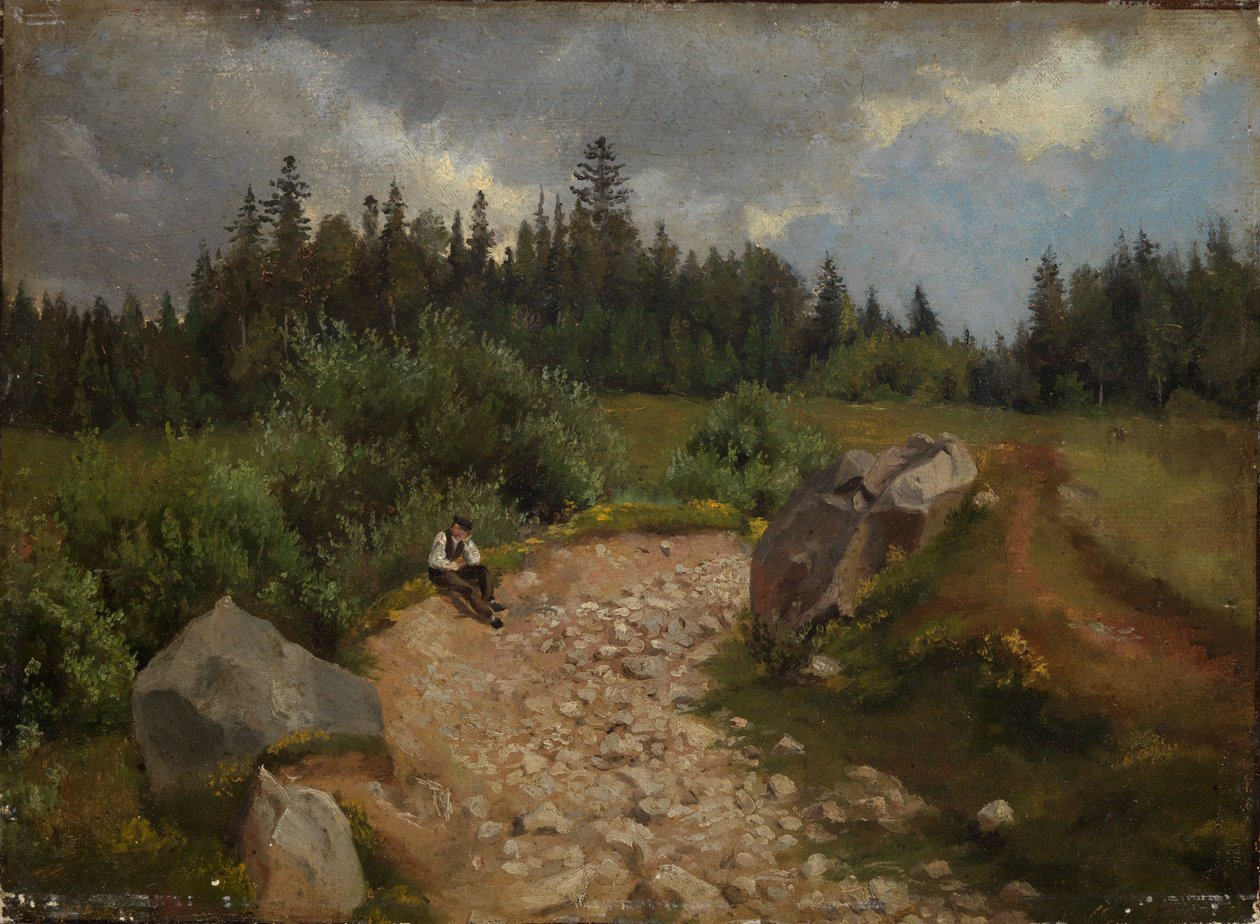 Rotsachtig pad aan de rand van het bos met een zittende man door Hans Thoma