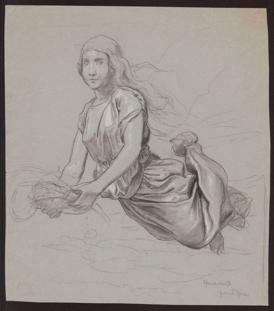 Studie van een vrouwenfiguur die boven de grond zweeft; op de achterzijde, een herhaling van de compositie in grote lijnen door Hans Thoma