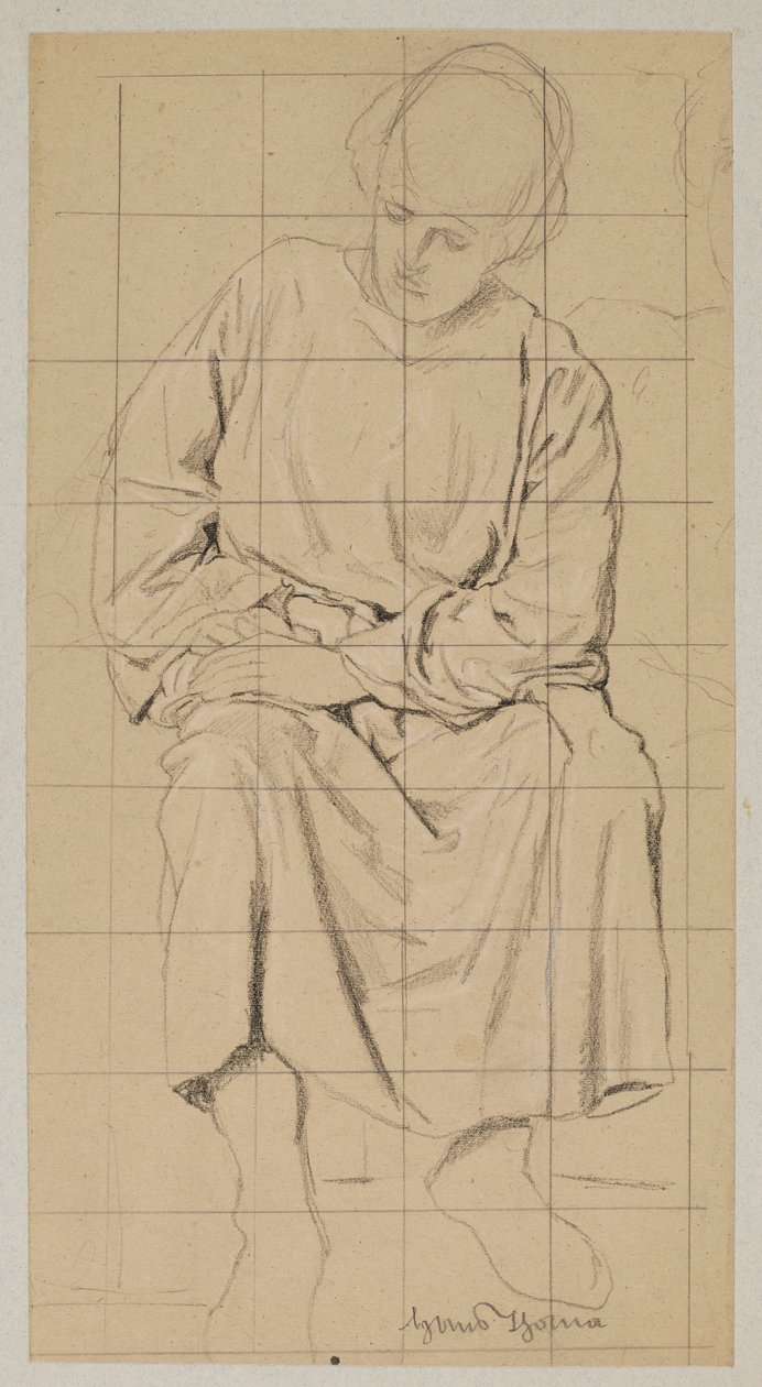 Studie van een zittende figuur in een lang gewaad door Hans Thoma