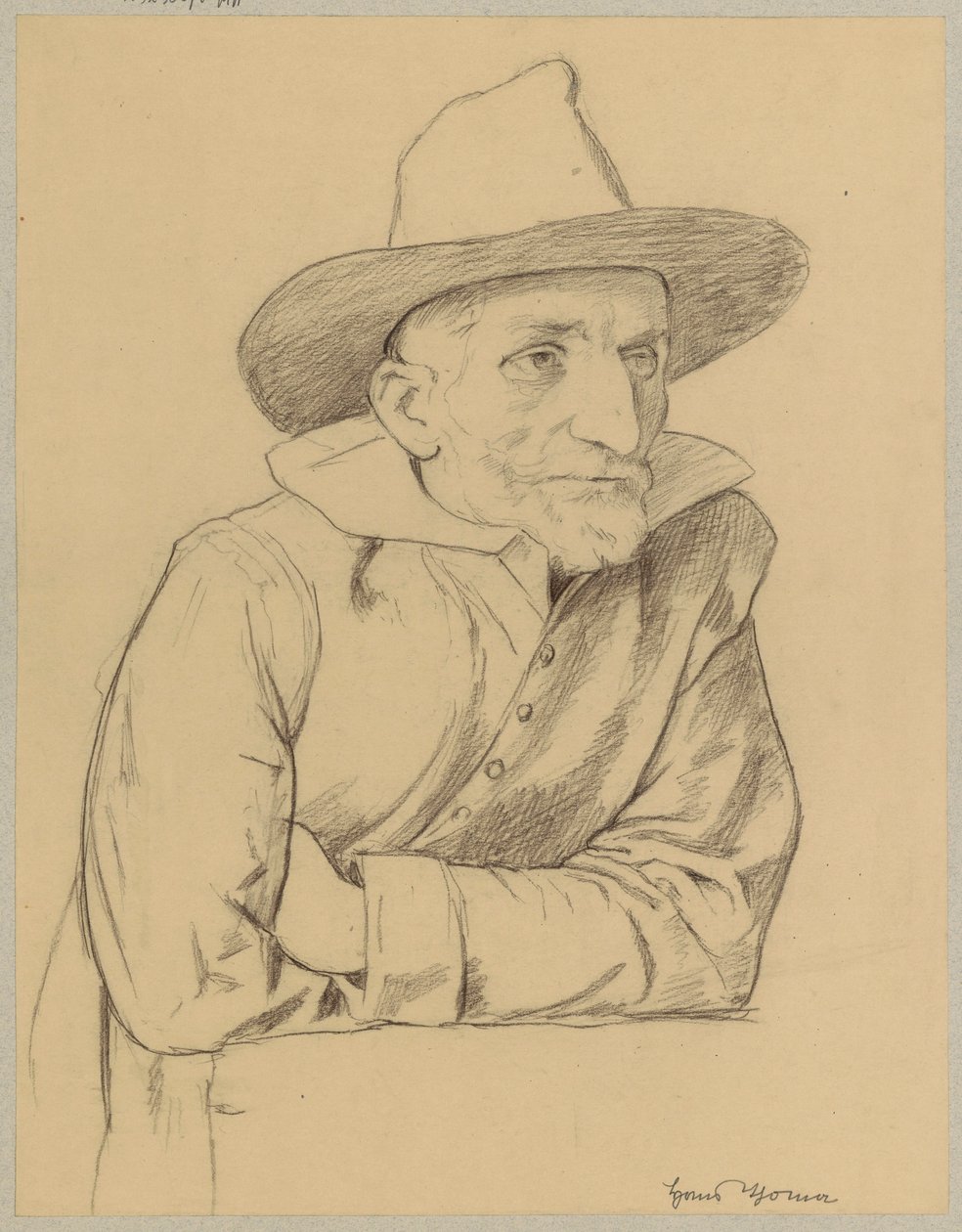 Studie van een oude, bebaarde man met een hoed door Hans Thoma
