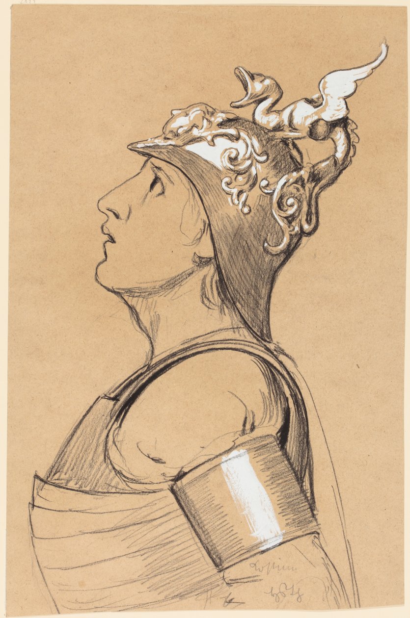 Valkyrie (kostuumontwerp voor Bayreuth) Hoofd met helm door Hans Thoma