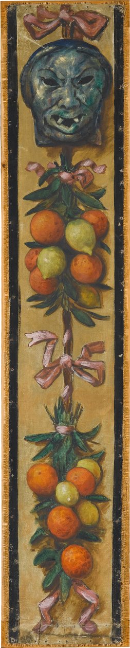 Wandfries aus dem Musiksaal des Hauses Pringsheim, München: Mongolische Maske mit Orangen und Zitronenbündeln door Hans Thoma