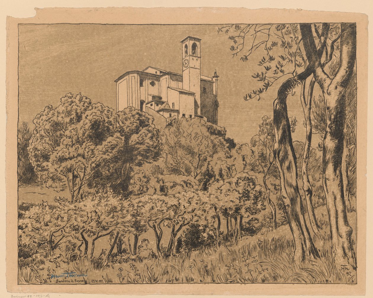 Uitzicht op de kerk van Sint-Nicolaas de Wondertichter op de heuvel in Gardone Riviera aan het Gardameer, Lombardije door Hans Thoma