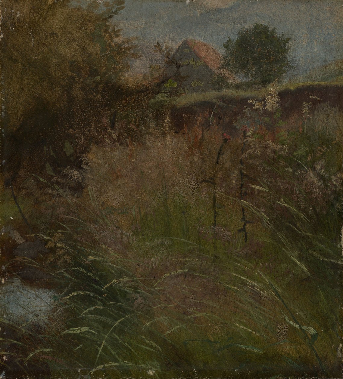 Weide, met op de achtergrond een boerderij door Hans Thoma