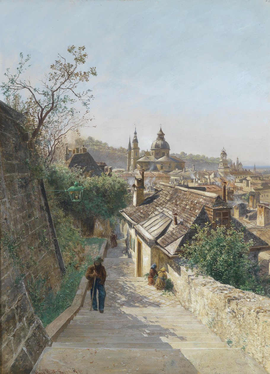 Uitzicht op de oude stad van Salzburg vanaf de Nonnbergstiege door Hans Witt