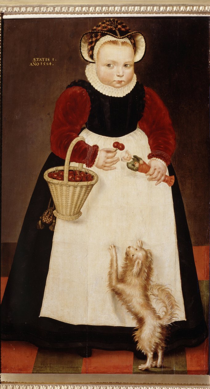 Portret van een jong meisje met een mand kersen en een pop door Hans the Elder Bock