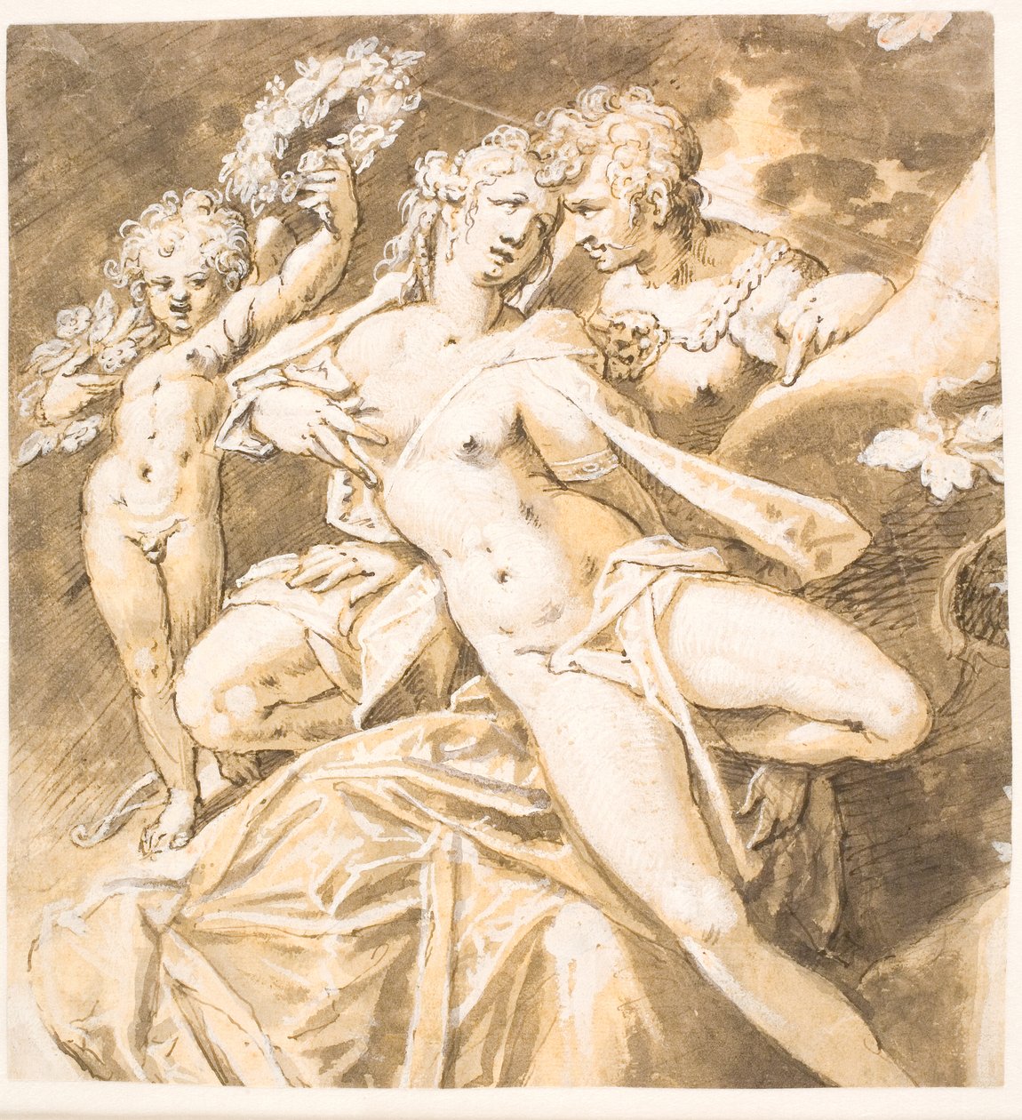 Deens: Mars die Venus streelt; links. een cupido die haar een krans overhandigt door Hans von Aachen