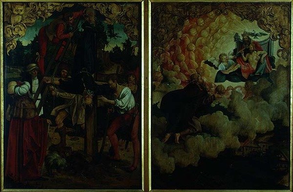 Verhalen van S.S. Petrus en Paulus altaarstuk: detail met LtoR Kruisiging van St. Petrus, St. Paulus die naar de Hemel Opstijgt door Hans von Klumbach