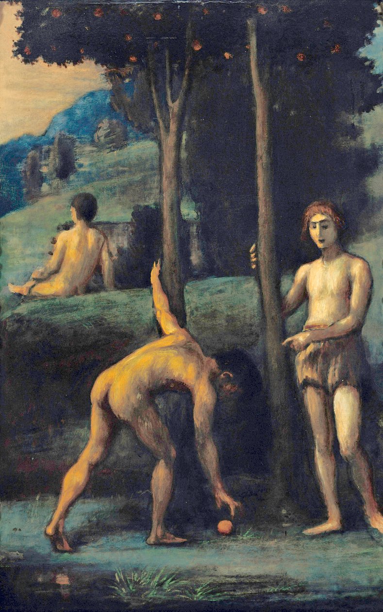 Drie jongemannen in een sinaasappelboomgaard door Hans von Marées
