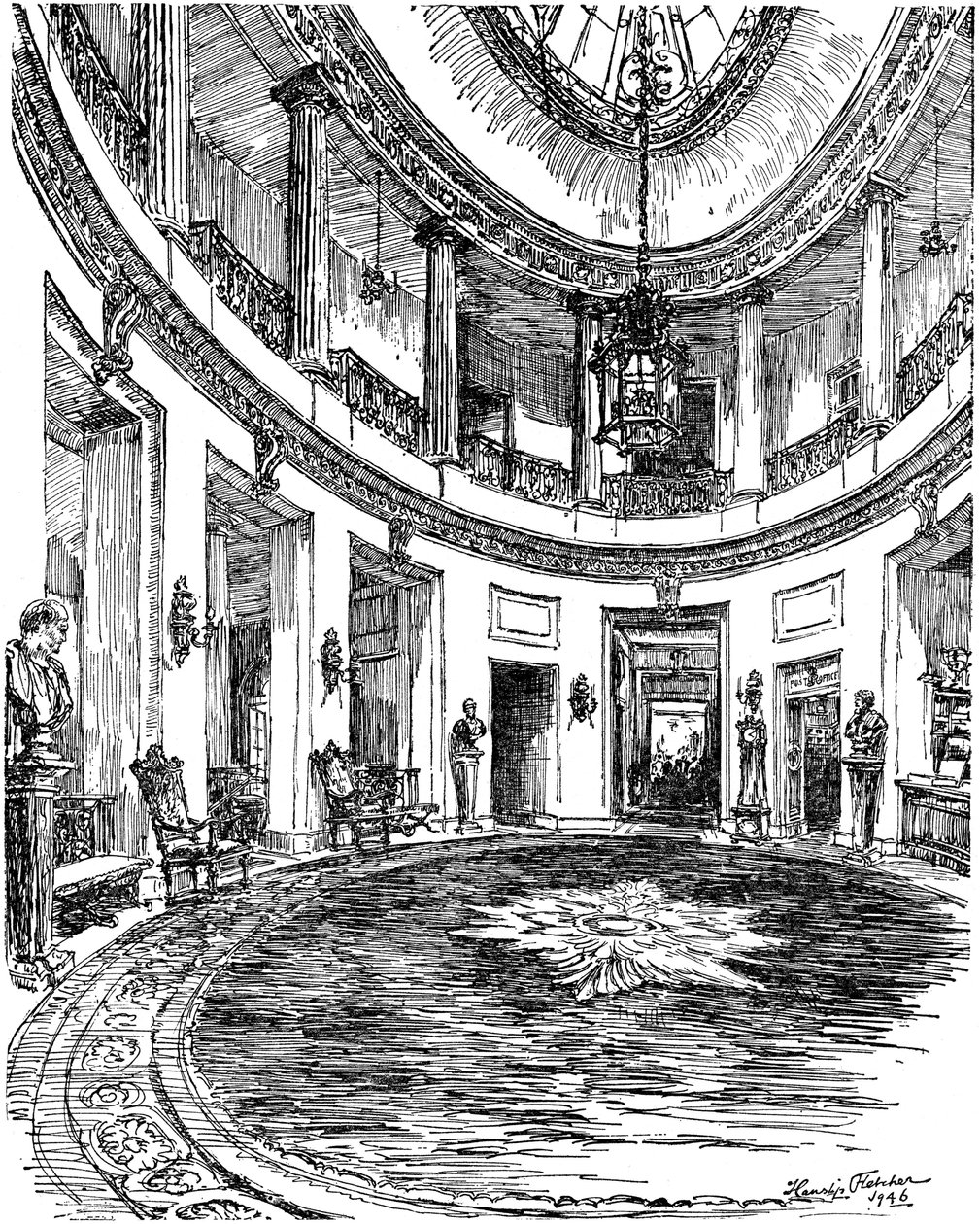 Inkomhal van de RAC-clubhuis, Pall Mall, Londen, 1946 door Hanslip Fletcher
