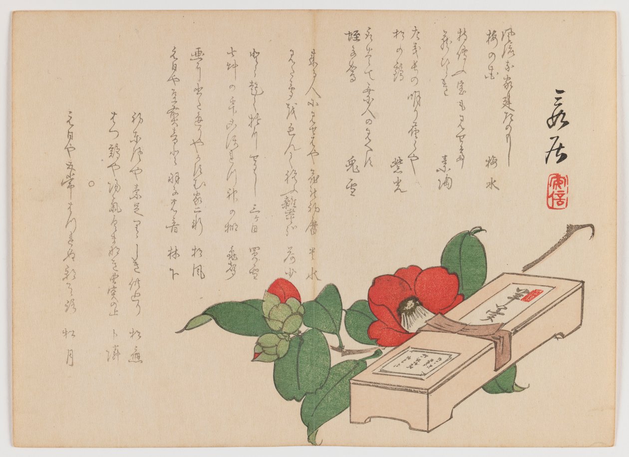 Camellia met snoepdoos (Yokan), c.1860 door Hanzan Matsukawa