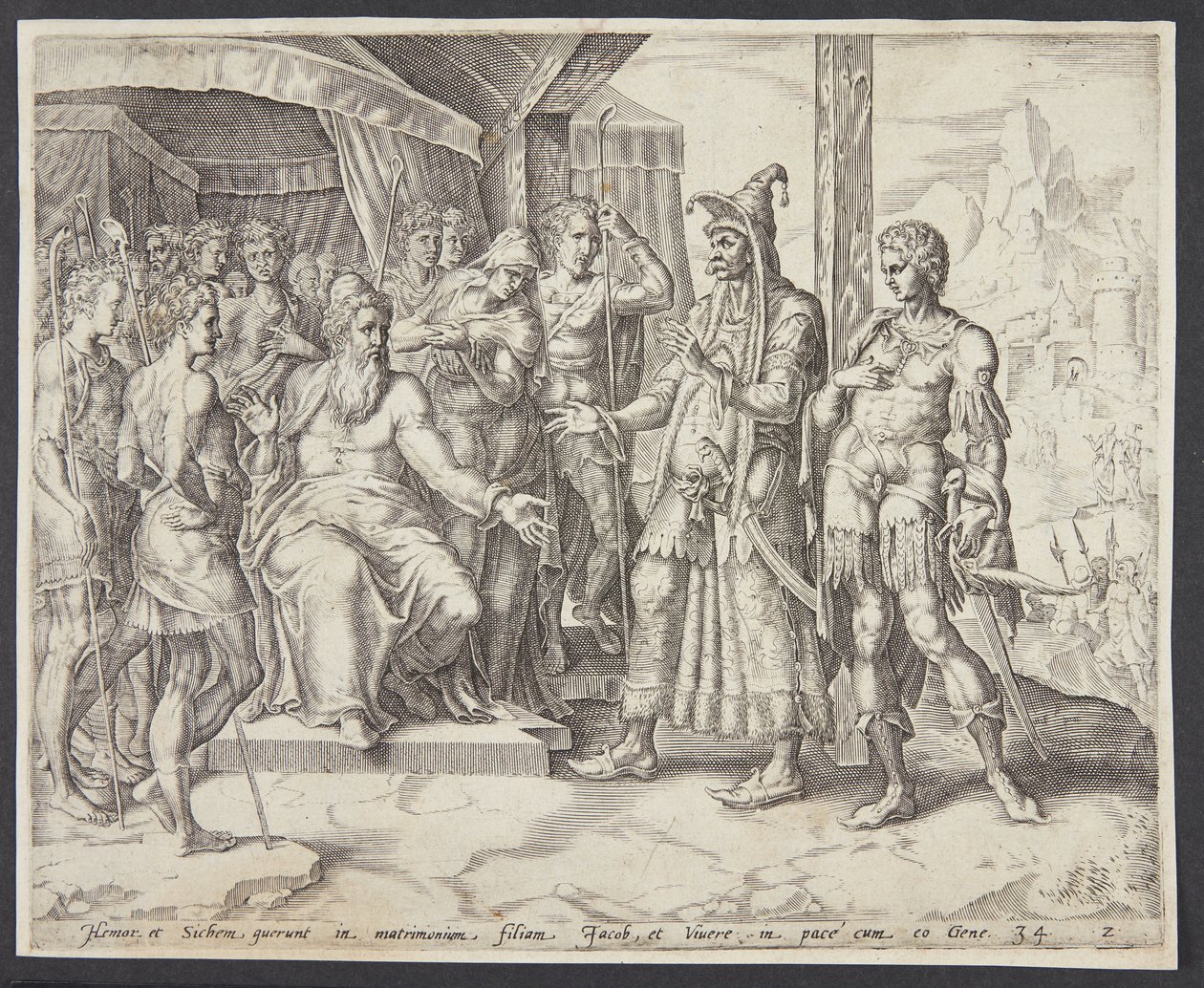 Hamor en Sichem vragen Jakob om de hand van Dina door Harmen Jansz. Muller