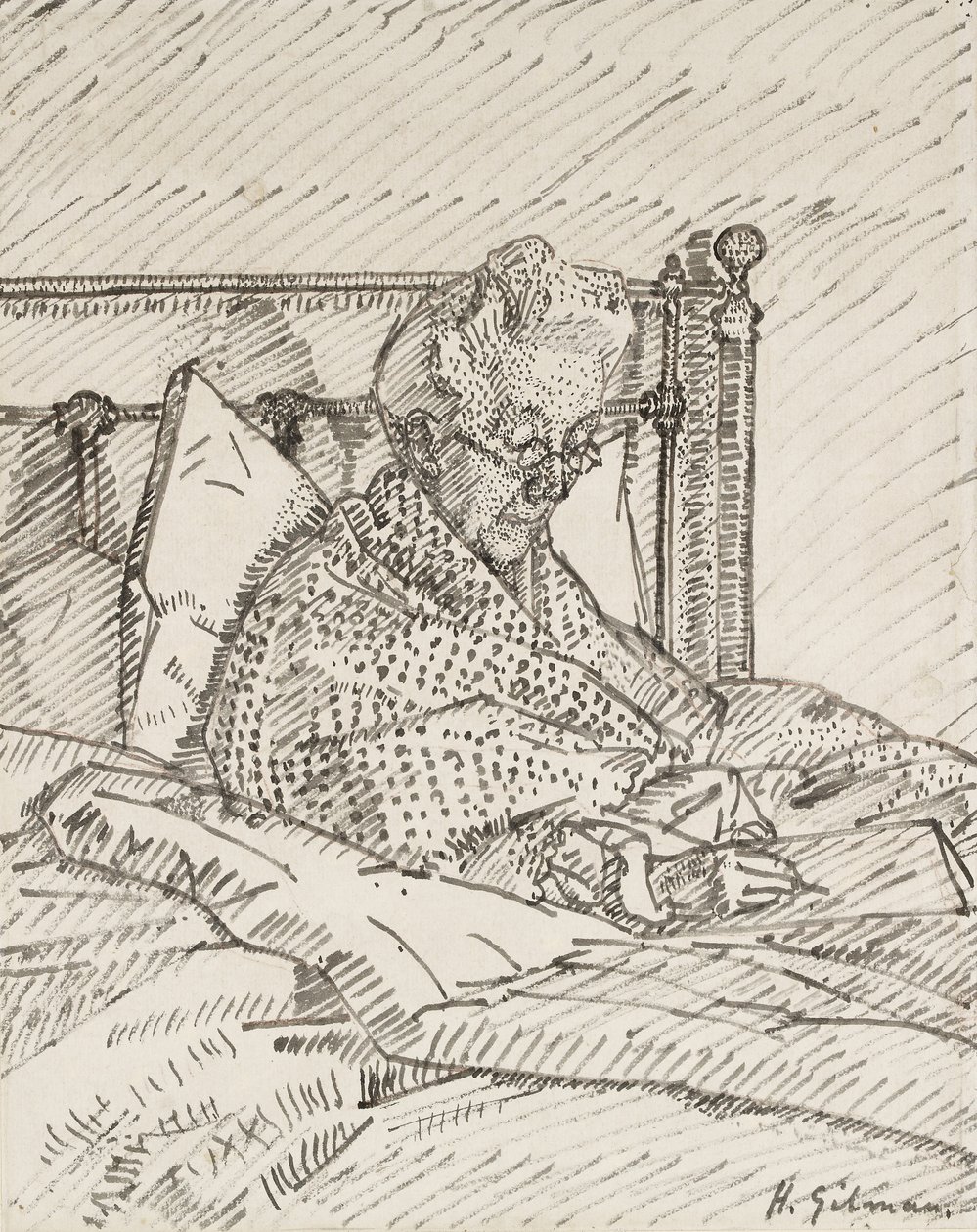 Portret van de moeder van de kunstenaar die in bed schrijft door Harold Gilman