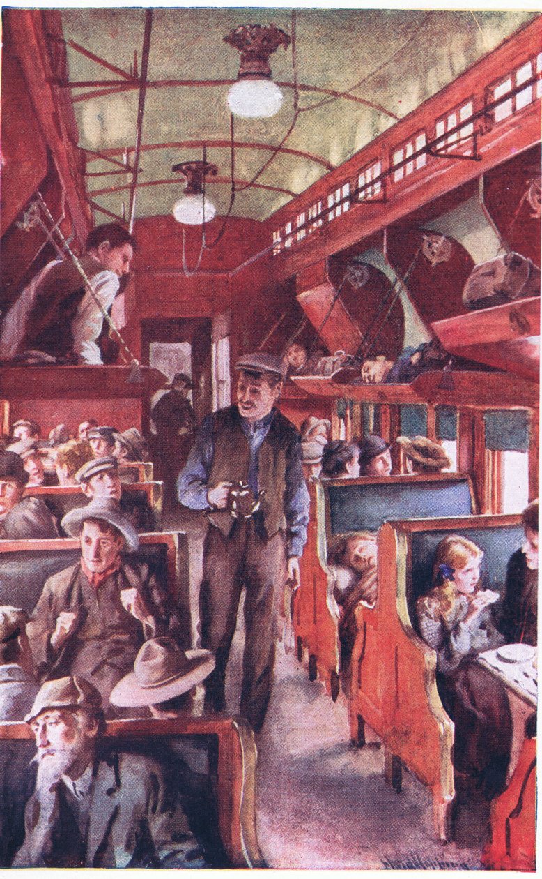 Interieur van een Canadese emigrantentrein ca 1900 (kleurenlitho) door Harold Copping