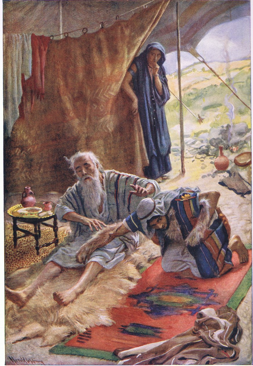 Isaak zegent zijn zoon Jakob, illustratie uit Pictures That Teach The Crown Series, 1920 door Harold Copping