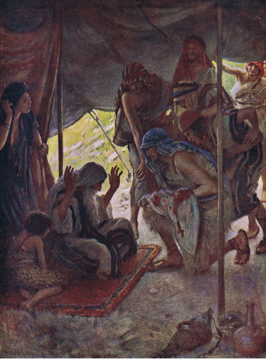 Jozefs jas gebracht naar Jacob, illustratie uit Pictures That Teach The Crown Series, 1920 door Harold Copping