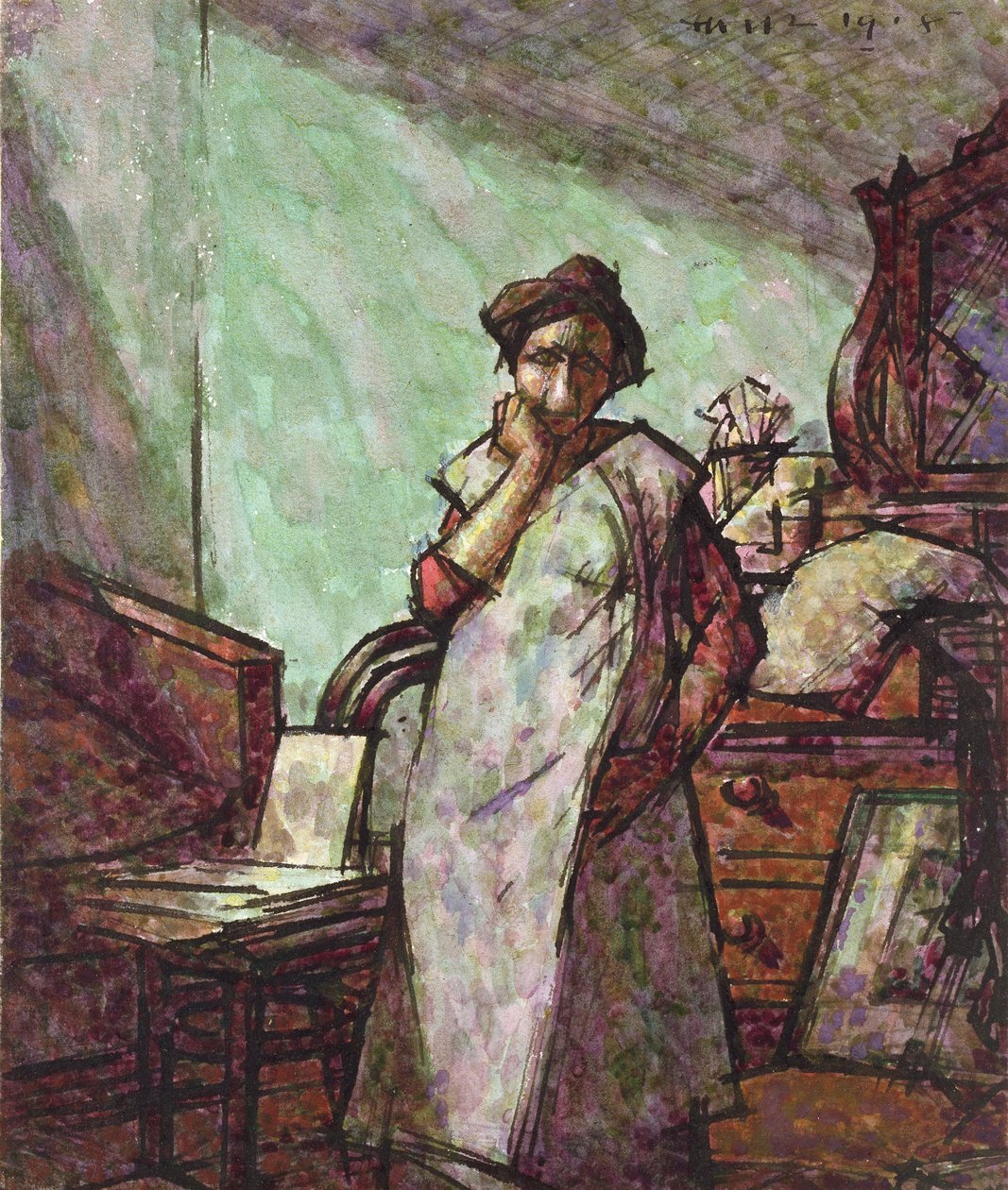 Interieur met mevrouw Mounter in een overall, 1 december 1918 door Harold Gilman