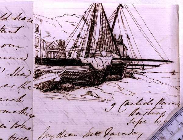 Vignet van vissersboten in Hastings, een schets in een brief aan Michael Faraday, 23 september 1853 (pen en inkt op papier) door Harriet Jane Moore