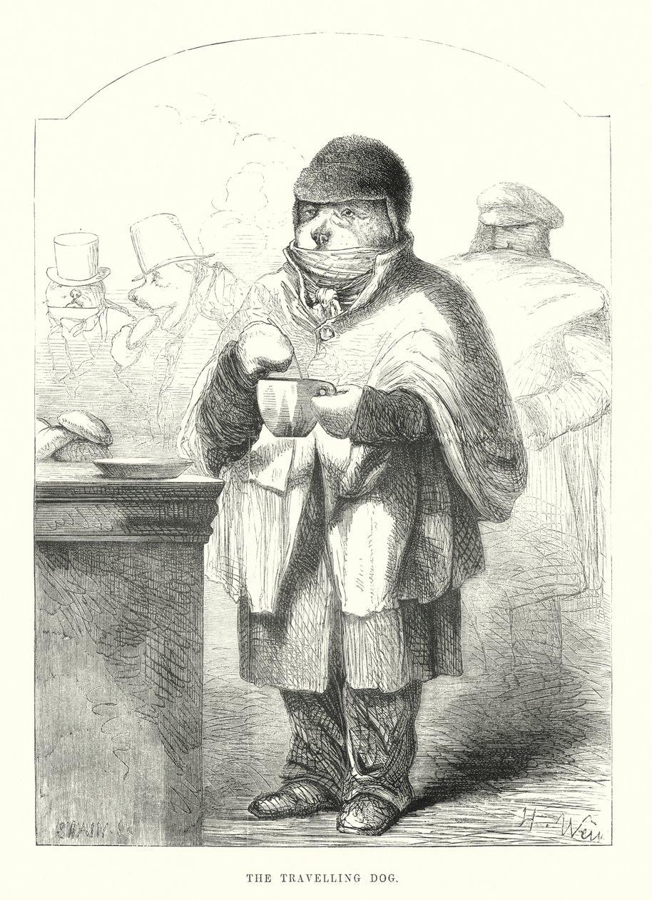 Grappige honden: de reizende hond (gravure) door Harrison William Weir