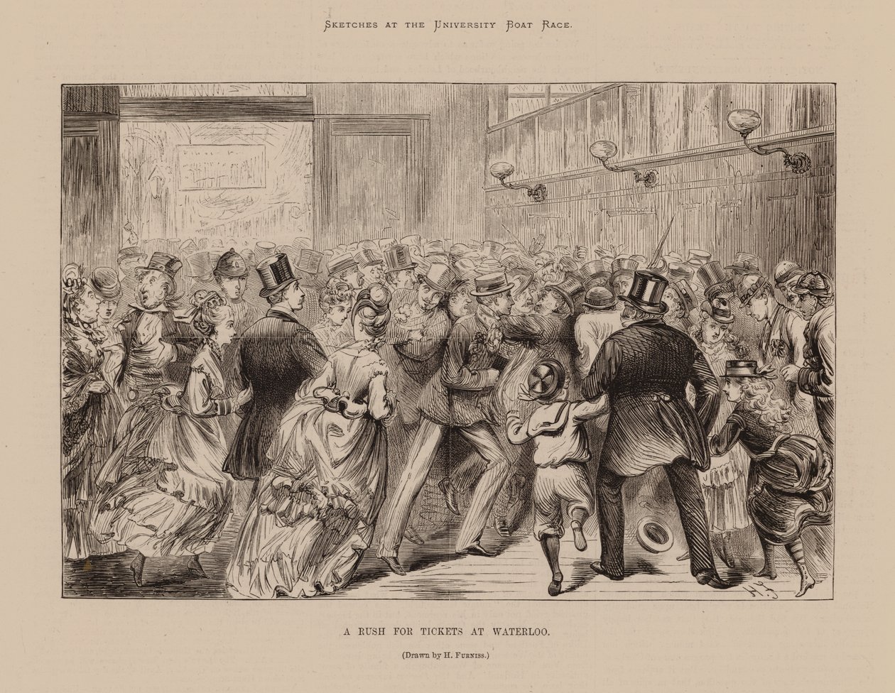 Een stormloop op kaartjes bij Waterloo (gravure) door Harry (after) Furniss
