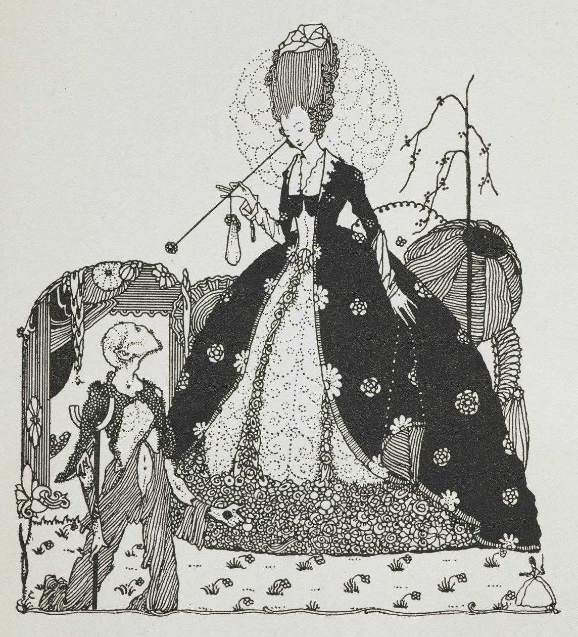 Een dame kijkt neer op een bedelaar die om geld vraagt. door Harry Clarke