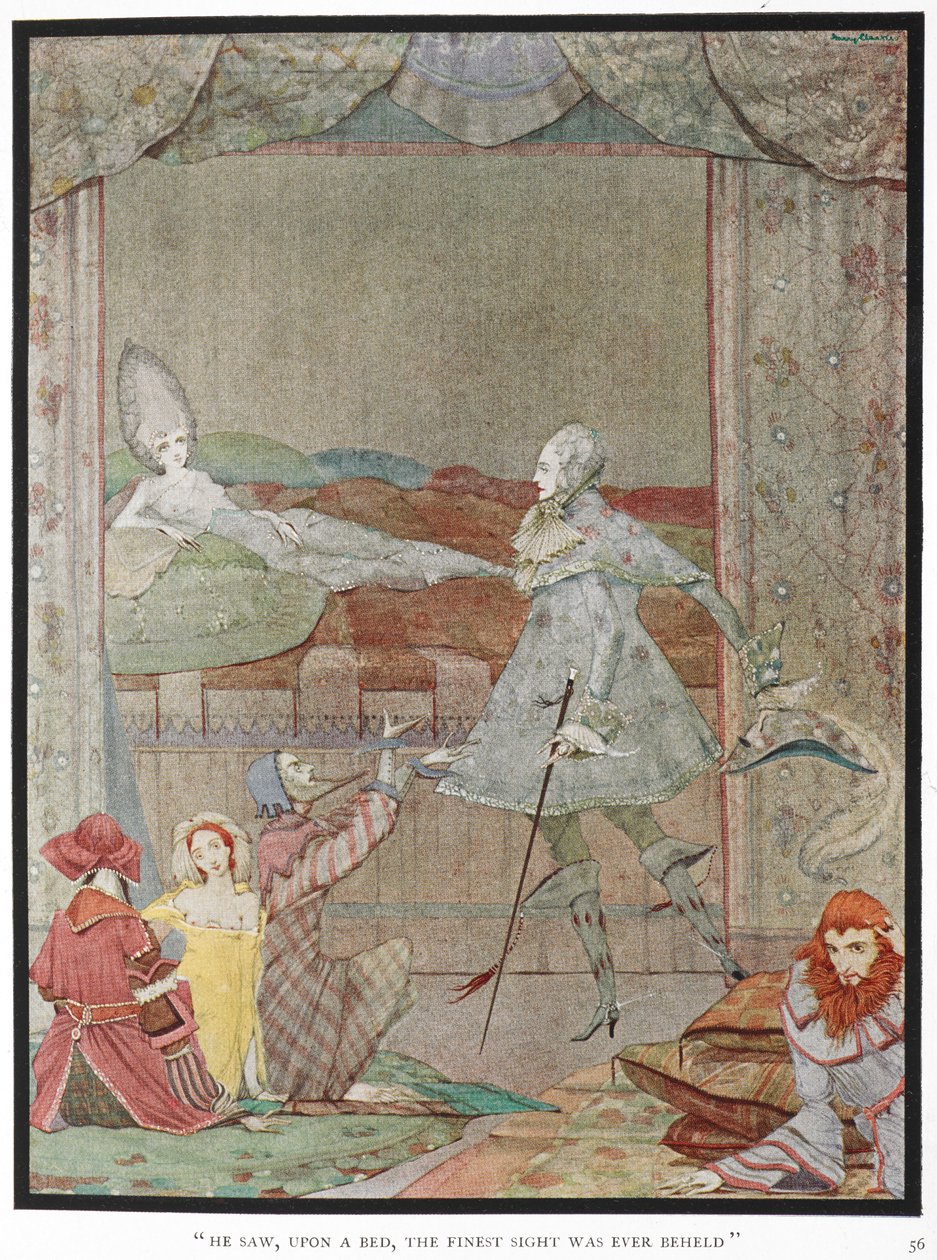 "Hij zag, op een bed, het mooiste gezicht dat ooit werd aanschouwd." De Prins ziet de Prinses, "Doornroosje", op haar bed. door Harry Clarke