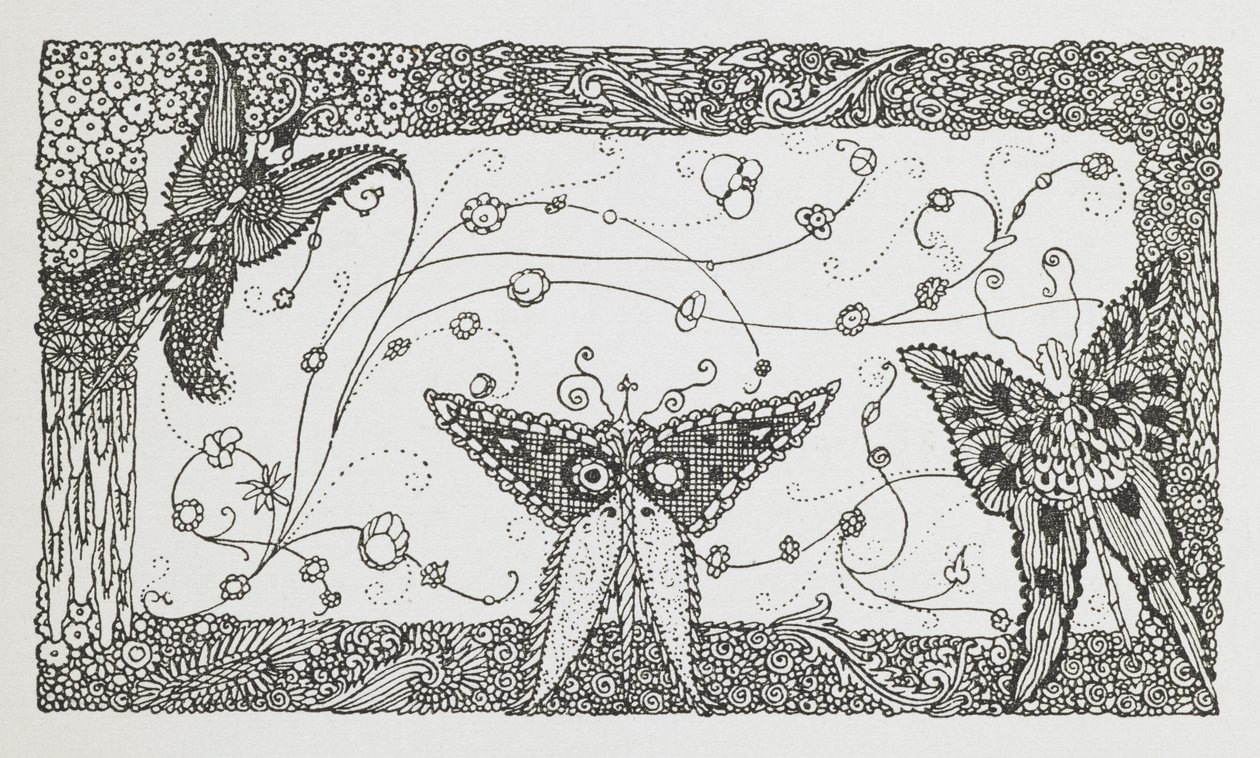 Illustratie voor het verhaal Riquet met de kuif. Een vlinderontwerp. door Harry Clarke
