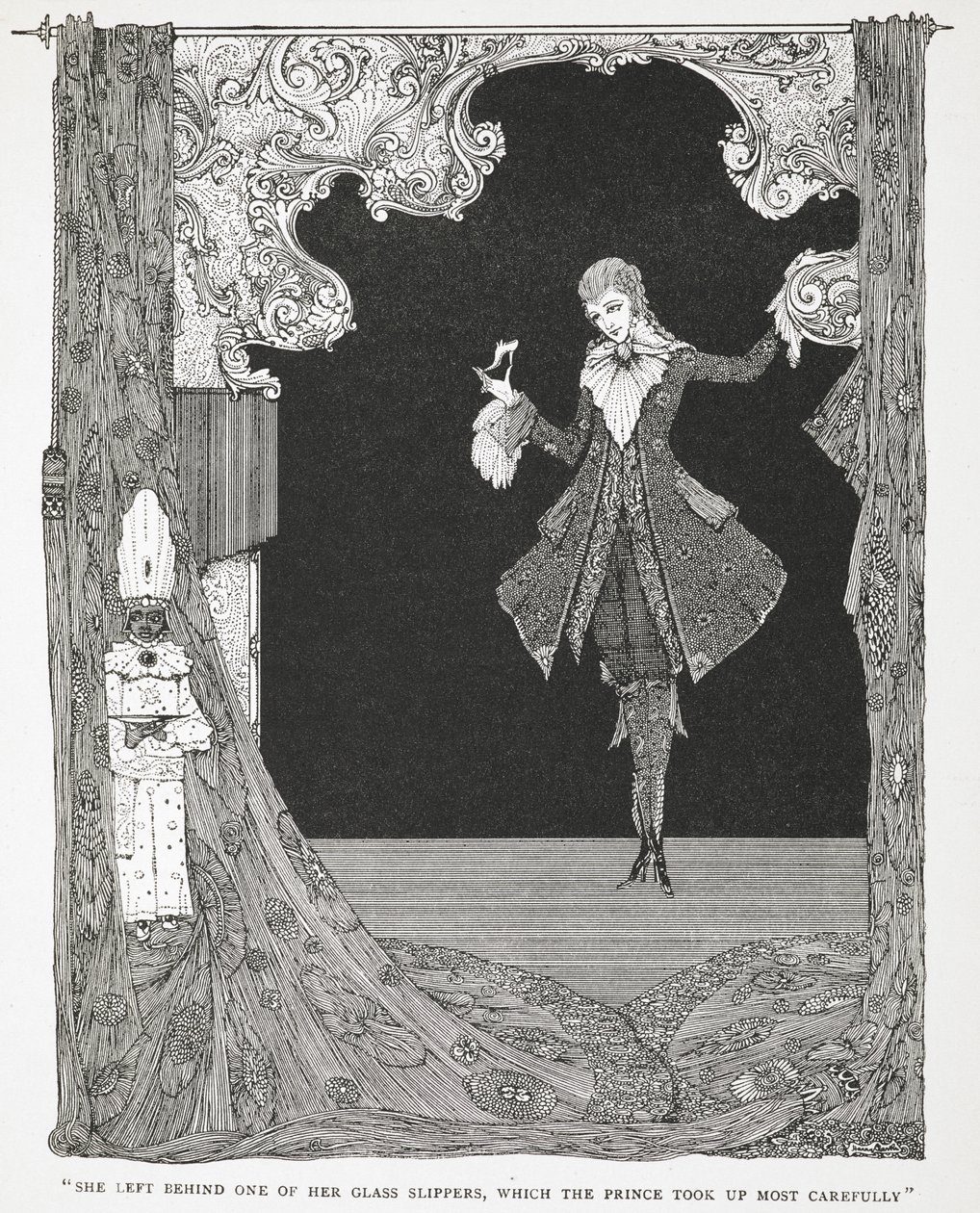 "Ze liet een van haar glazen muiltjes achter, die de prins heel zorgvuldig oppakte". Illustratie voor het verhaal, Assepoester of Het glazen muiltje door Harry Clarke