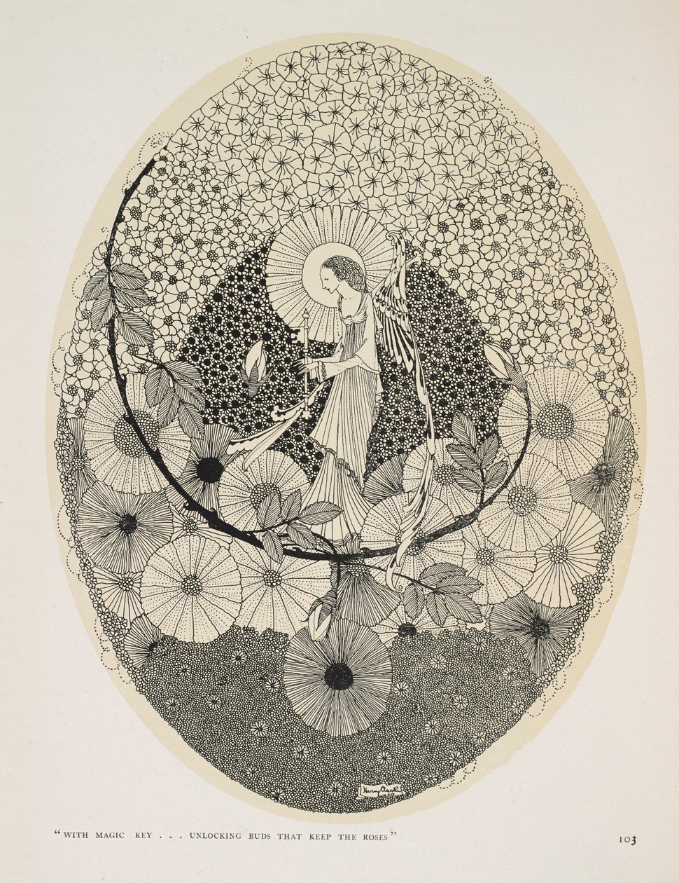 Aan de komende lente. "Met magische sleutel... ontgrendelen knoppen die de rozen bewaren" door Harry Clarke