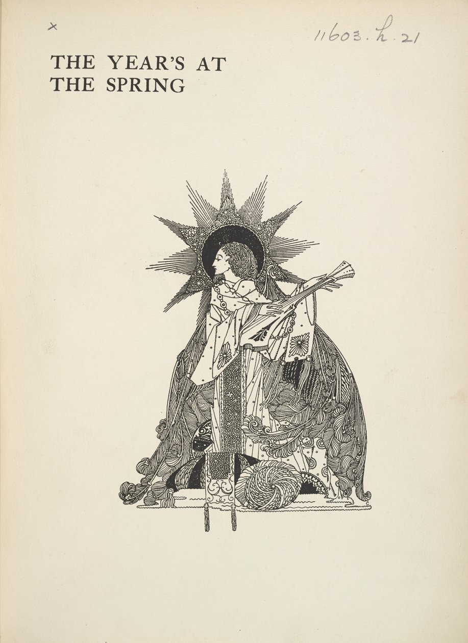 Ongedekte illustratie. Een vrouw die een muziekinstrument bespeelt. door Harry Clarke