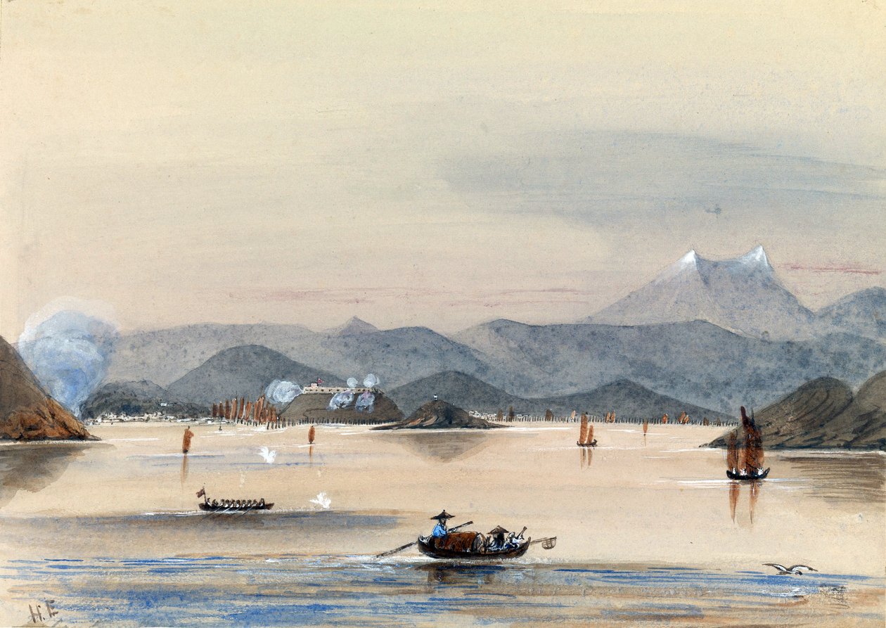 De HMS Tribune vindt zijn weg op de Chuenpee-rivier in Canton (China), met roeiboten en Chinese jonken door Harry Edmond Edgell