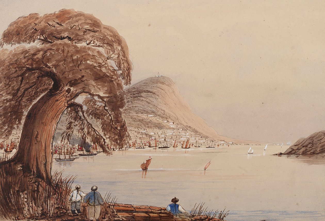 Uitzicht op een kuststad met boom en figuren op de voorgrond door Harry Edmond Edgell
