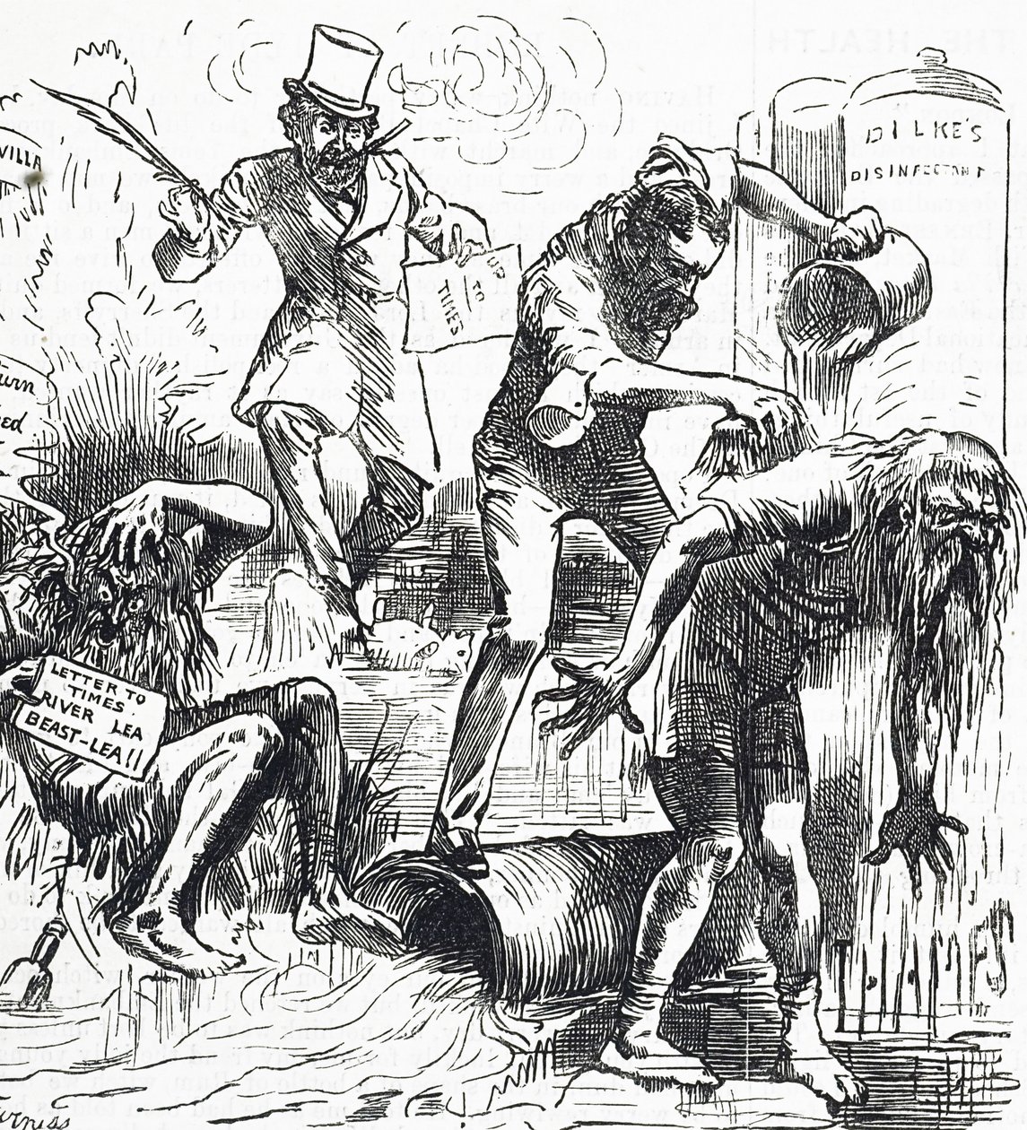 Cartoon die de Theems en de Lea Rivieren toont die worden aangevallen vanwege hun vuile toestand door Harry Furniss