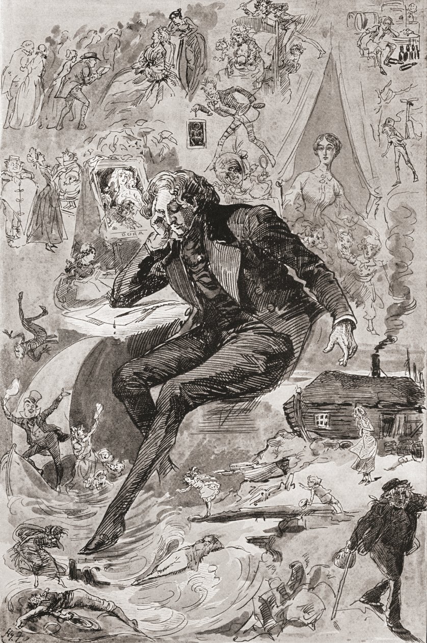 David Copperfield. Illustratie door Harry Furniss voor de roman David Copperfield van Charles Dickens, uit The Testimonial Edition, gepubliceerd in 1910. door Harry Furniss