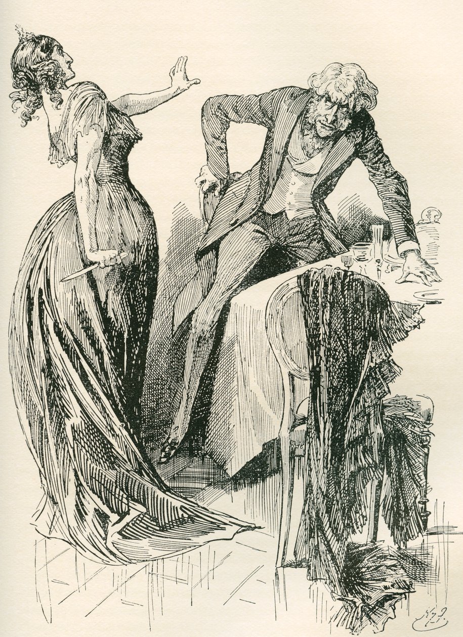 Edith en Mr. Carker. "Hij kwam vrolijk naar haar toe, toen ze in een oogwenk het mes van de tafel pakte en een stap achteruit deed. "Blijf staan," zei ze, "of ik vermoord je!" Illustratie voor de roman van Charles Dickens door Harry Furniss