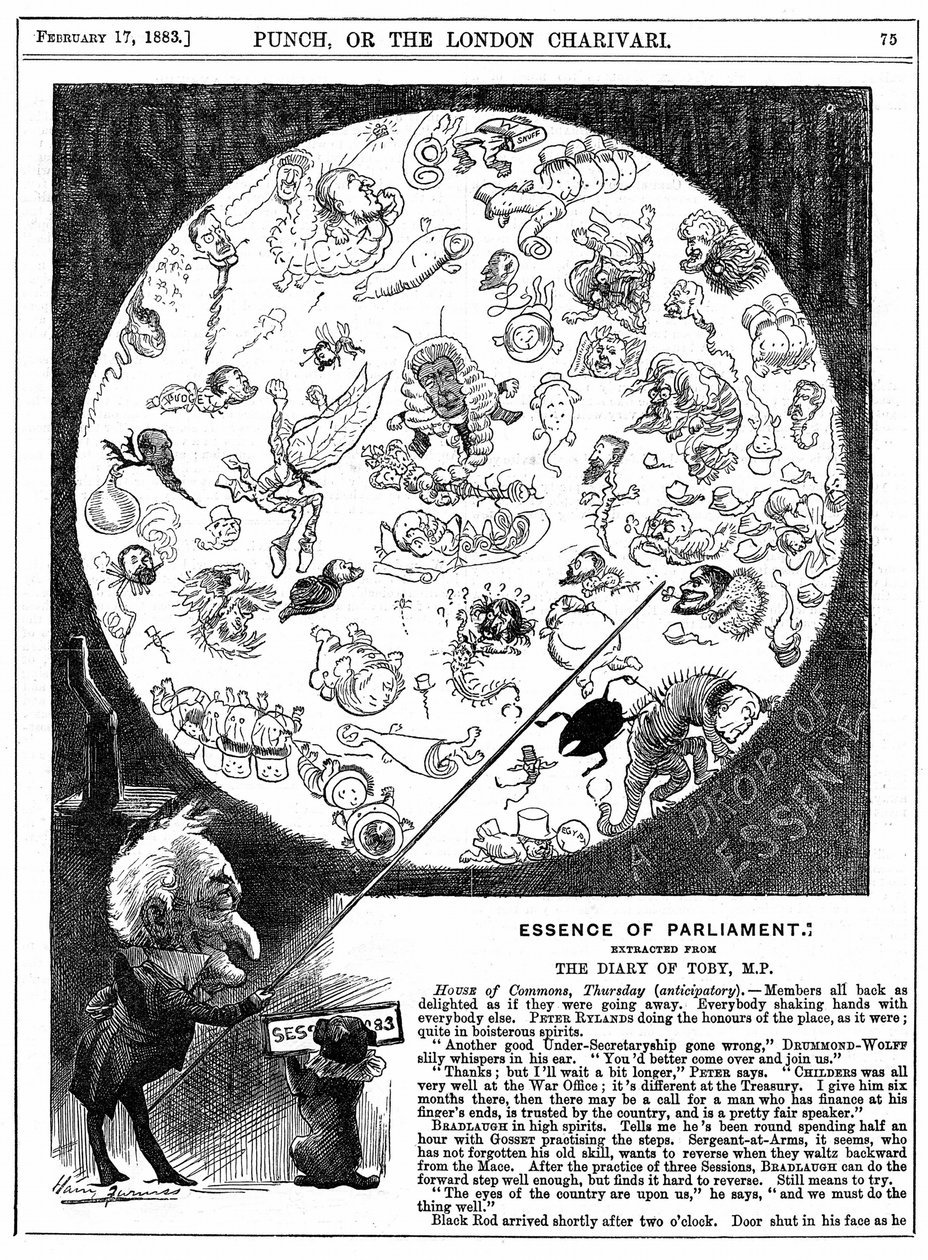 Essentie van het Parlement: Cartoon ter gelegenheid van de opening van de eerste zitting van het Parlement in 1883 door Harry Furniss