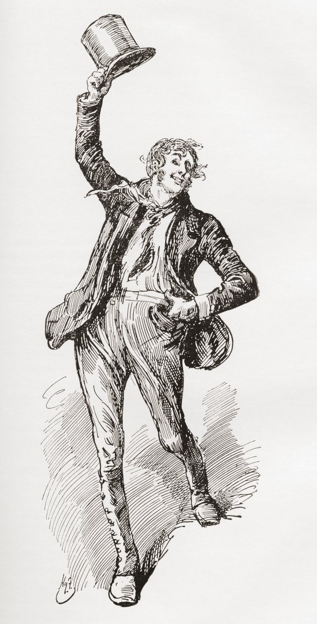 Mark Tapley. Illustratie door Harry Furniss voor de roman Martin Chuzzlewit van Charles Dickens, uit The Testimonial Edition, uitgegeven 1910. door Harry Furniss
