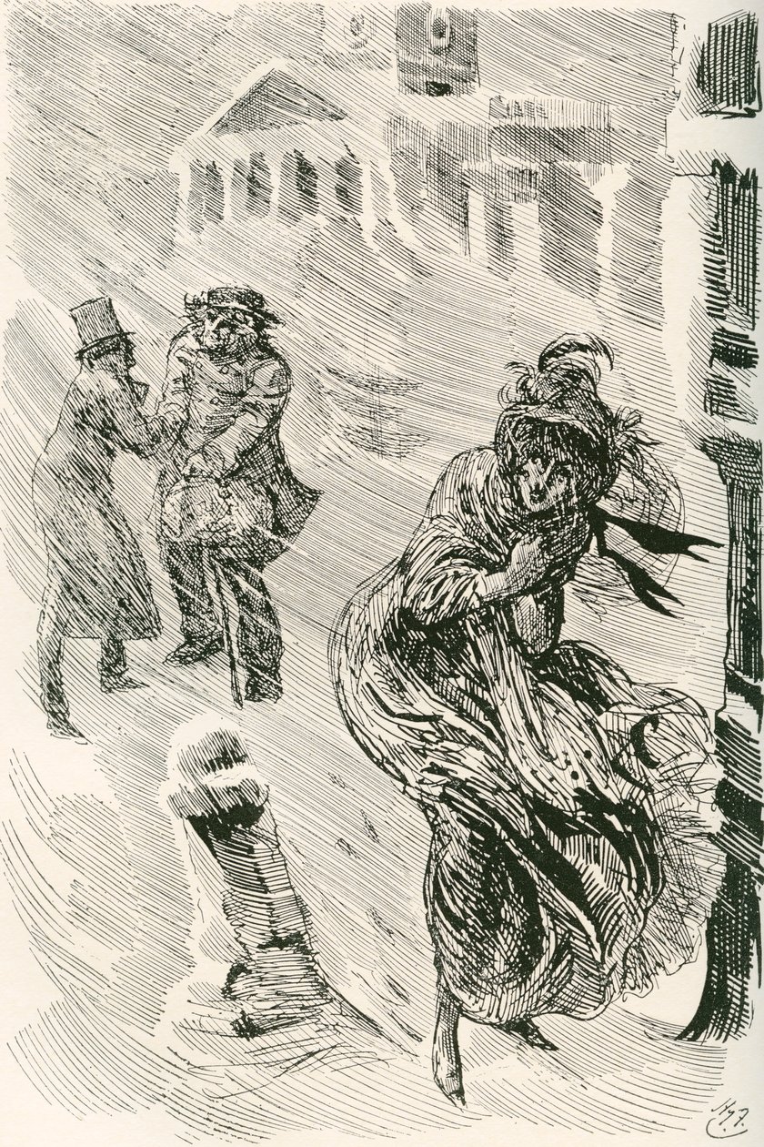Martha de Zwerver. Illustratie door Harry Furniss voor de roman David Copperfield van Charles Dickens, uit The Testimonial Edition, gepubliceerd in 1910. door Harry Furniss