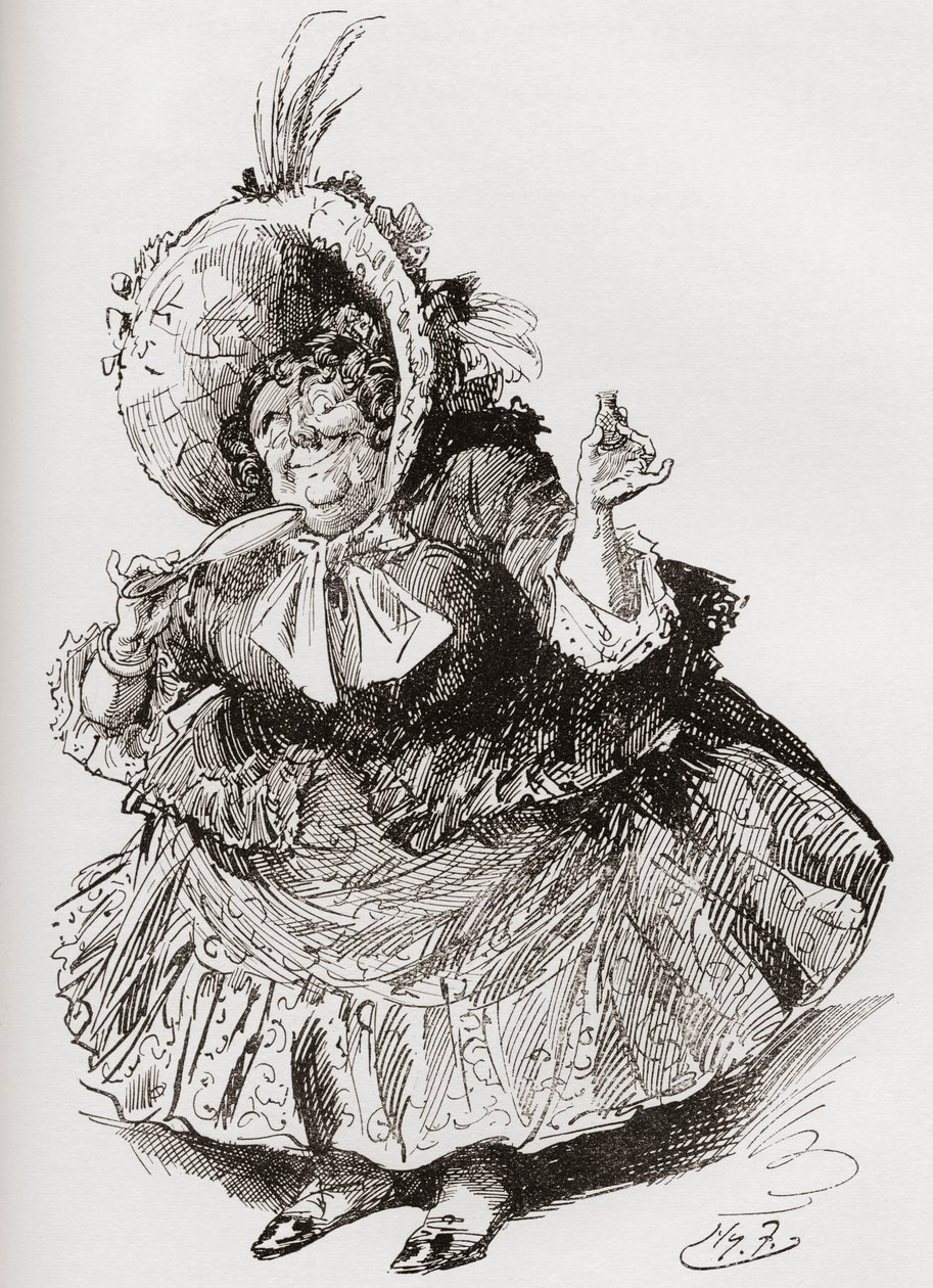 Miss Mowcher. Illustratie door Harry Furniss voor de Charles Dickens roman David Copperfield, uit The Testimonial Edition, gepubliceerd 1910. door Harry Furniss