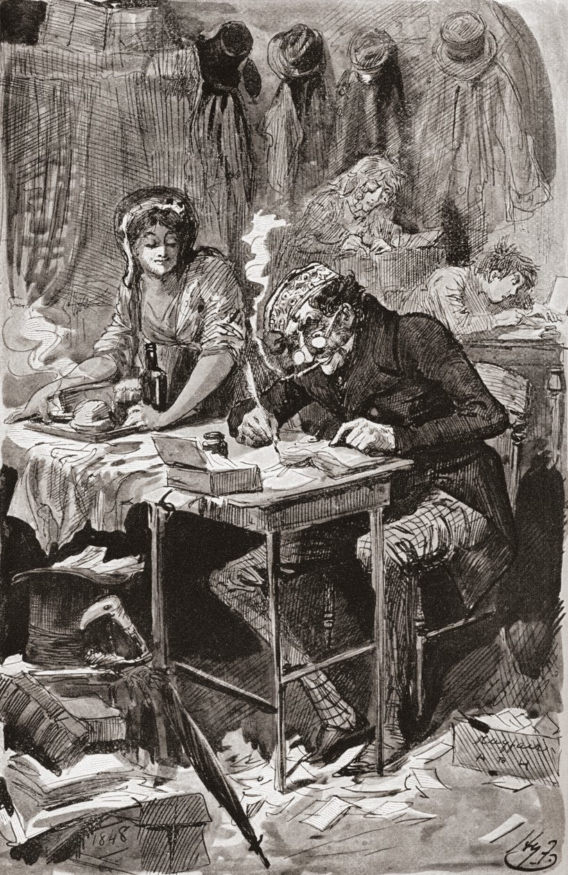 De bedelbriefschrijver. Illustratie door Harry Furniss voor de roman Great Expectations van Charles Dickens, uit The Testimonial Edition, gepubliceerd in 1910. door Harry Furniss