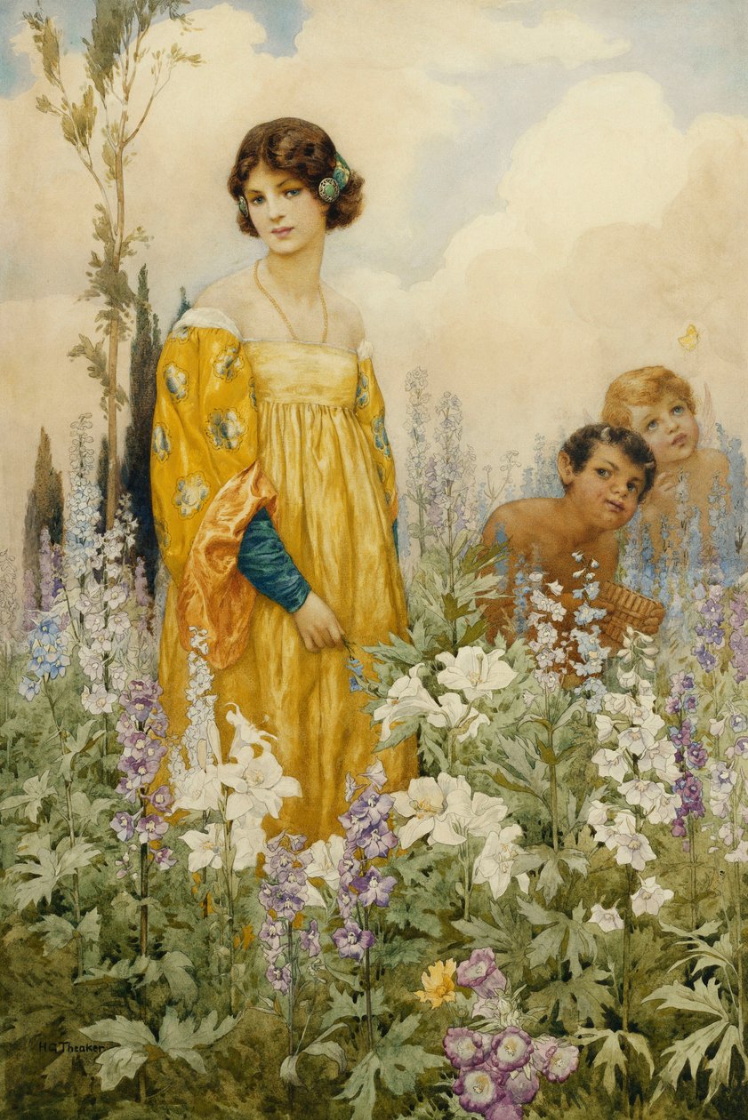 Een jong meisje met Pan en Cupido, in een wilde tuin (potlood en aquarel op papier) door Harry George Theaker