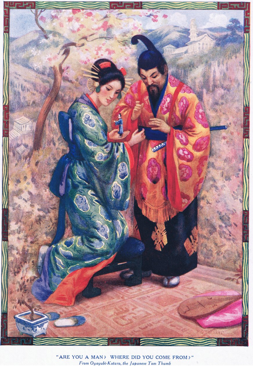 "Ben jij een man Waar kom je vandaan" (uit Oyayubi-Kotaro, de Japanse Klein Duimpje) (litho) door Harry George Theaker