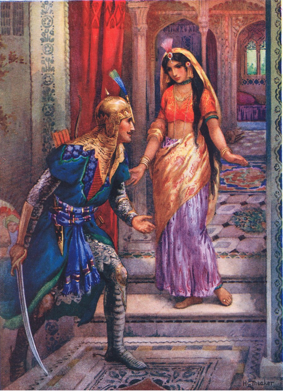 Toen ze Rama zag, haastte ze zich naar voren. Uit de avonturen van Rama en Sita, illustratie uit 