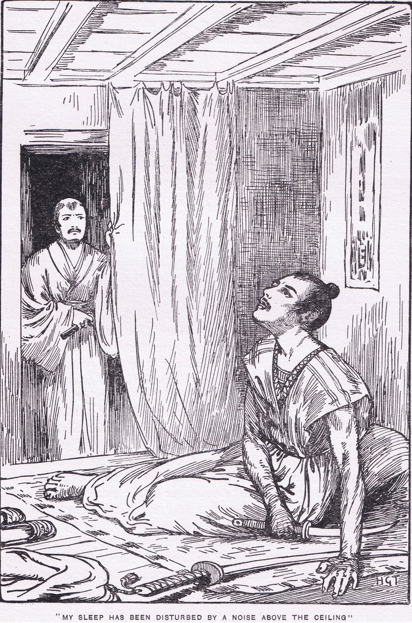 Zijn slaap werd verstoord door een geluid boven het plafond (uit More Stories from Raiko) (litho) door Harry George Theaker